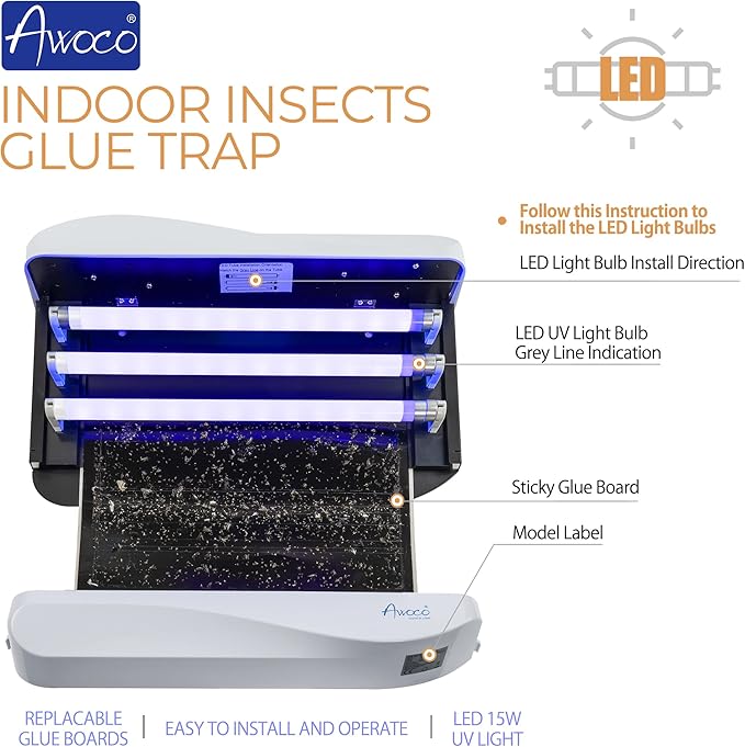 Awoco LED 15W 100V-240V Wall Mount Sticky Fly Trap Lamp with 3 LED UV Lights for Capturing Flies, Mosquitoes, Moths and Flying Insects (Fly Trap + 6 Glue Boards)…