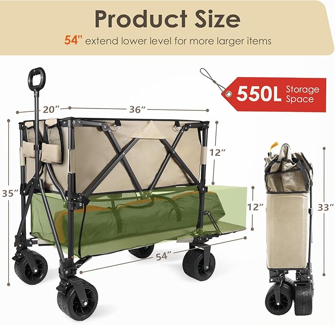 HOPERAN 400L XL Wagons Carts Foldable, 54" Extra Length Double Decker Collapsible Wagon Cart with Tailgate, 8" Big All-Terrain Wheels, 550lbs Load Utility Grocery Cart for Camping,Sports,Beach