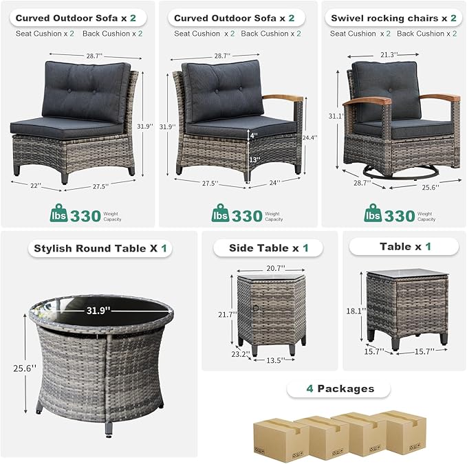MEISSALIVVE 9 Piece Outdoor Patio Furniture Set, Half-Moon Curved Sectional Sofa Rattan Conversation Set with 2 Wood Armrests Swivel Rocker Chairs, Round Coffee Table & Side Table（Grey）