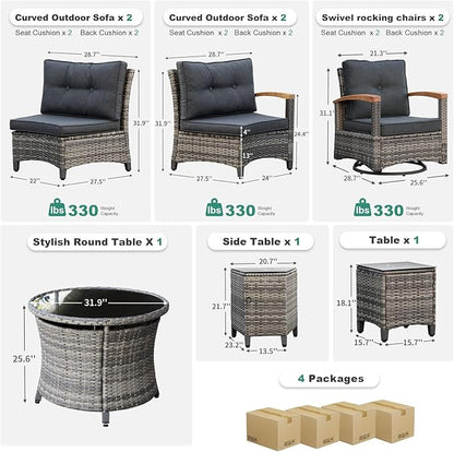 MEISSALIVVE 9 Piece Outdoor Patio Furniture Set, Half-Moon Curved Sectional Sofa Rattan Conversation Set with 2 Wood Armrests Swivel Rocker Chairs, Round Coffee Table & Side Table（Grey）