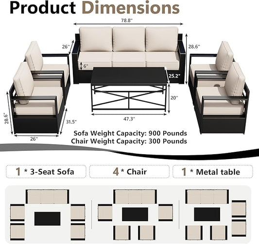 Outdoor Patio Furniture Set, 6-Piece Aluminum Patio Conversation Set All-Weather Metal Outdoor Sectional with 6 Inch Thick Cushions, Deep Setting for Garden, Outside and Porch