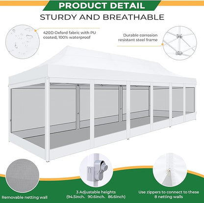 COBIZI 10x30 Heavy Duty Pop Up Canopy with 8 Sidewalls, Commercial Gazebo Party Tent with Mosquito Netting Wall Easy Set Up Outdoor Instant Screen Tent for Backyard, Patio, Garden, White