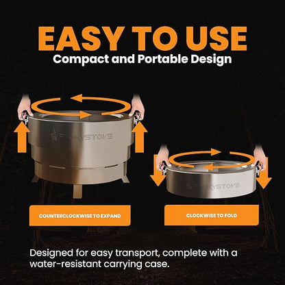 Slinky Stove Smokeless Fire Pit for Outdoor Wood-Burning - 23-Inch Patented Collapsible Firepit with Cooking Grill - Portable Stainless Steel Solo Pit for Camping, Backyard, Patio Bonfires