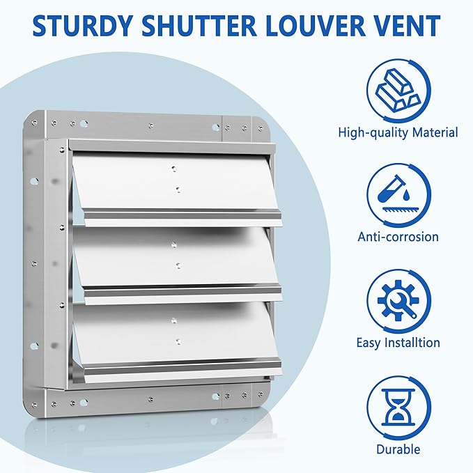 12 Inch Galvanized Shutter Exhaust Louver Vent, Automatic Gravity Shutter Louver Vent for Home Attics, Workshops, Barn, Greenhouse (Motor&Blades are not Included)
