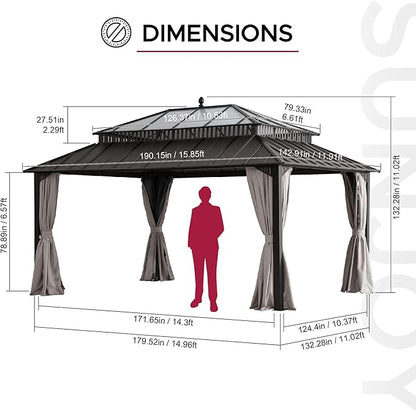 SUNJOY Kingston 16' x 12' Hardtop Gazebo with Galvanized Steel/Polycarbonate Double Roof, Curtain and Netting, Brown Aluminum Posts Permanent Pavilion Gazebo for Garden, Patio, Deck, Lawn