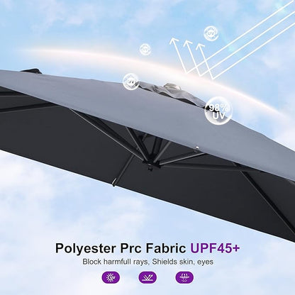 PURPLE LEAF 8' X 8' Patio Umbrella with Base for Pool 7' High Offset Outdoor Cantilever Umbrella Swimming Pool Umbrella with 360°Rotation for Poolside Grey