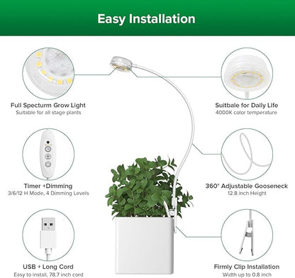 SANSI Grow Lights for Indoor Plants, ETL Listed Pot Clip LED Plant Lights for Indoor Growing, Full Spectrum, 4-Level Dimmable, Auto On Off 3 6 12 Hrs Timer for Small Plants,Garden White 5V 2-Pack