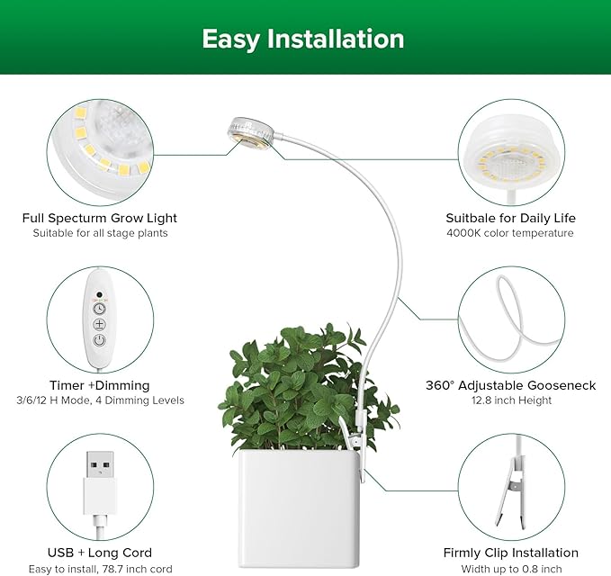 SANSI Grow Lights for Indoor Plants, ETL Listed Pot Clip LED Plant Lights for Indoor Growing, Full Spectrum, 4-Level Dimmable, Auto On Off 3 6 12 Hrs Timer for Small Plants,Garden White 5V 4-Pack