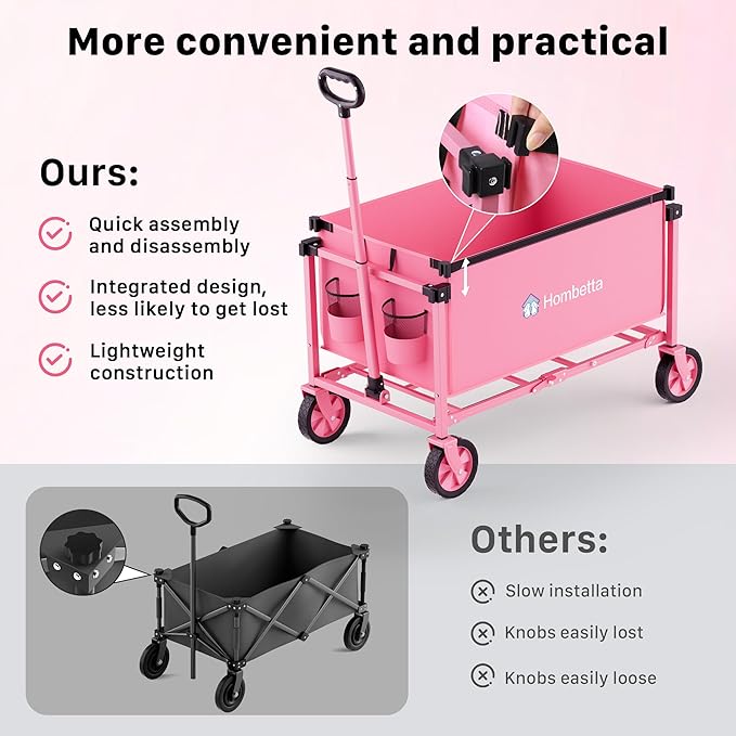 Collapsible Wagon Cart with Wheels, 150L Lightweight Foldable Utility Cart, Portable Rolling Wagon for Garden, Shopping, Sports, Camping, Transport, Pink