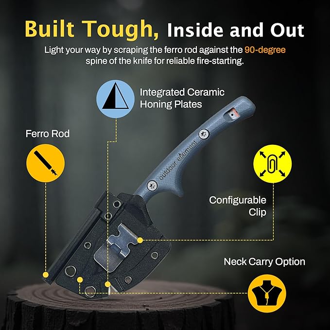 OUTDOOR ELEMENT Contour Feather Survival and Culinary Knives – VG10 Steel Fixed Blade with Fire Starter, Hex Driver, Knife Sharpener, Sheath & Built in Whistle - Built For Camping & Outdoor Adventure