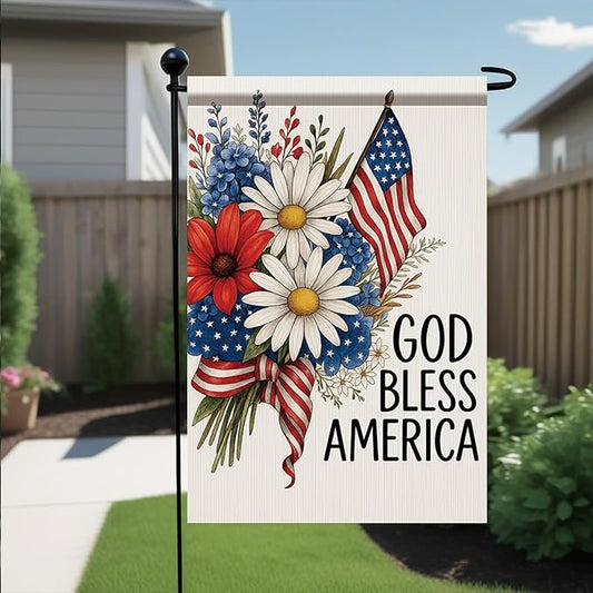 God Bless America Garden Flag 12x18 Inch Double Sided 4th of July Patriotic Flag Daisy Flower Yard Banner Outdoor Decoration for Memorial Independence Day Seasonal Holiday Home Decor