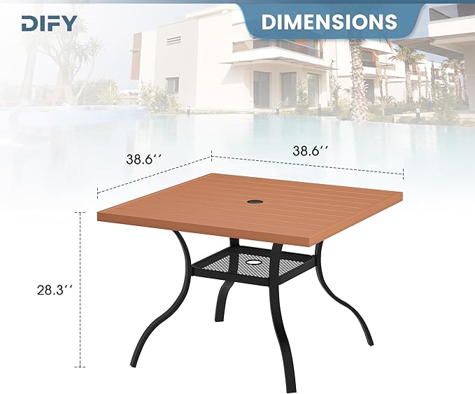 DIFY Outdoor Patio Dining Table for 4, 38.6" Square Patio Table with All-Weather Faux Wood Tabletop and Metal Steel Frame, Outside Table for Garden Porch Backyard, Walnut