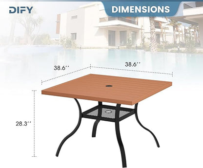 DIFY Outdoor Patio Dining Table for 4, 38.6" Square Patio Table with All-Weather Faux Wood Tabletop and Metal Steel Frame, Outside Table for Garden Porch Backyard, Walnut