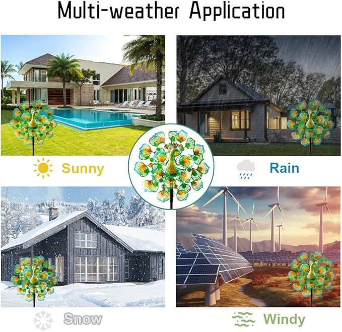 Peacock Wind Spinners Outdoor,13” Metal Wind Spinner Garden Pinwheels,360°Peacock Wind Sculptures & Spinners,Kinetic Wind Spinners for Yard and Garden(13.8”W X 64.2”H)