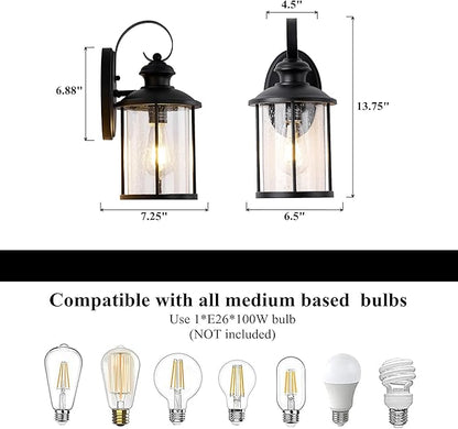 MICSIU Matte Black Outdoor Porch Light Wall Mount, Clear Seedy Glass Exterior Wall Sconce Lighting, 13.75 Inch Outside Light Fxture for House, Entryway, Doorway, Pathway