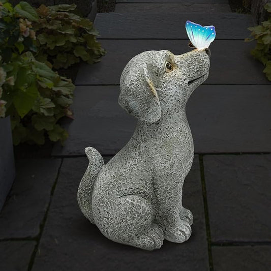 WENYLE Solar Garden Outdoor Statues Dog with Butterfly Lights, Lawn Decor Puppy Figurine for Patio Balcony Yard, Yard Unique Christmas Birthdays Gift for Mom Grandma