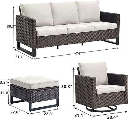 Rilyson Wicker Outdoor Patio Furniture Set - 5 Piece Patio Conversation Set with 2 Swivel Rocker Chairs,2 Rattan Ottoman and 1 Couch for Outside Porch Deck Backyard Garden(Brown/Beige)