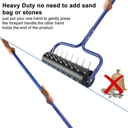 21" Rolling Lawn Aerator, 45 Preassembled Spikes, Only Needs 3-5 Minutes to Assemble, No Looseness, No Bending, No Need to Add Weight, 75" Long Handle with Quick Clip Connections - Blue