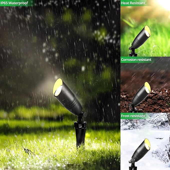 wowlite Low Voltage Spot Lights Outdoor LED 4 Pack, Die-cast Aluminum Landscape Spotlights, Waterproof Black Uplights with MR16 Bulbs Ground Stake for Garden Courtyard Pathway