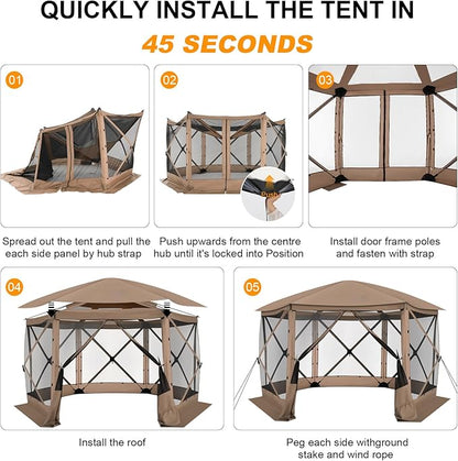COBlZl Pop Up Gazebo 12x12 Screen House Tent for Camping, Outdoor Instant Stargazing Gazebo Canopy with Awning 2.0, Portable Hub Tent with Mosquito Netting, Pavilion for Backyard,Khaki