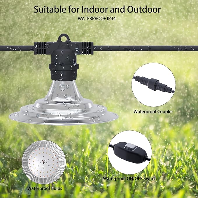 6-Light Outdoor LED Grow Lights – Waterproof Full Spectrum Greenhouse Lights for Plants, 21.3FT Adjustable String Lights with 288 LEDs E26 Base Bulbs, IP44 Waterproof for Garden, Farm, Yard