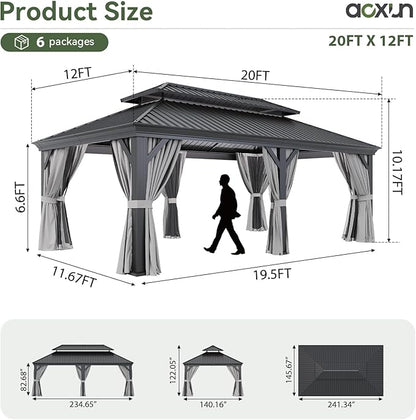 Aoxun 12' X 20' Hardtop Gazebo with Drainage System, Aluminum Outdoor Gazebo with Galvanized Steel Double Roof, Patio Permanent Metal Pavilion with Netting, for Garden, Deck, Grey, Square Foundation