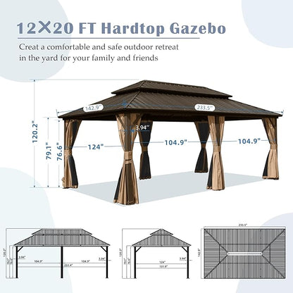 Domi 12' x 20' Hardtop Gazebo Permanent Metal Gazebo with Galvanized Steel Double Roof, Curtains and Netting for Party, Wedding, Outdoor Dining, Patio, Backyard, Brown