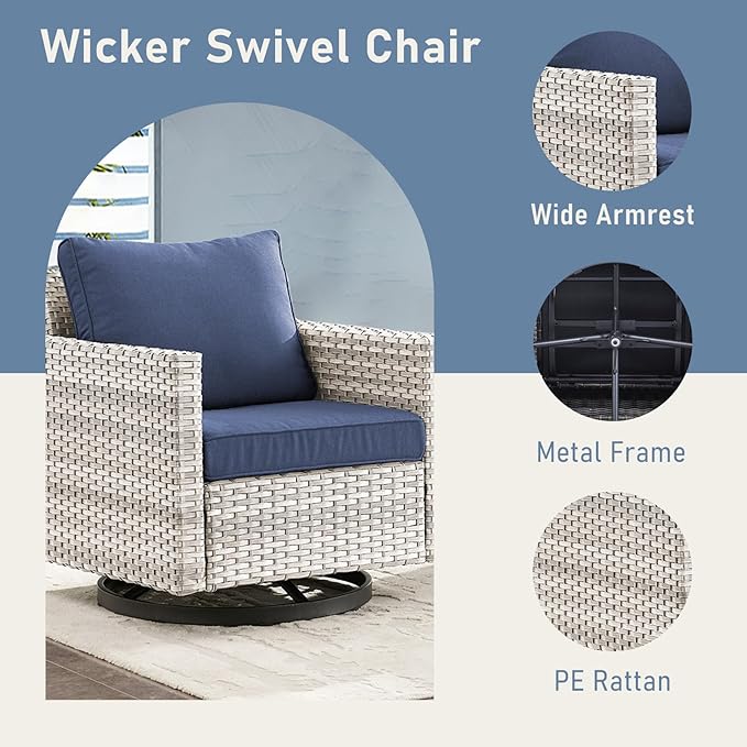 Luxury Outdoor Swivel Rocker Patio Chairs Set of 2, Swivel Patio Chairs for Porch, Yard, Deck, Poolside, LightGrey/Blue