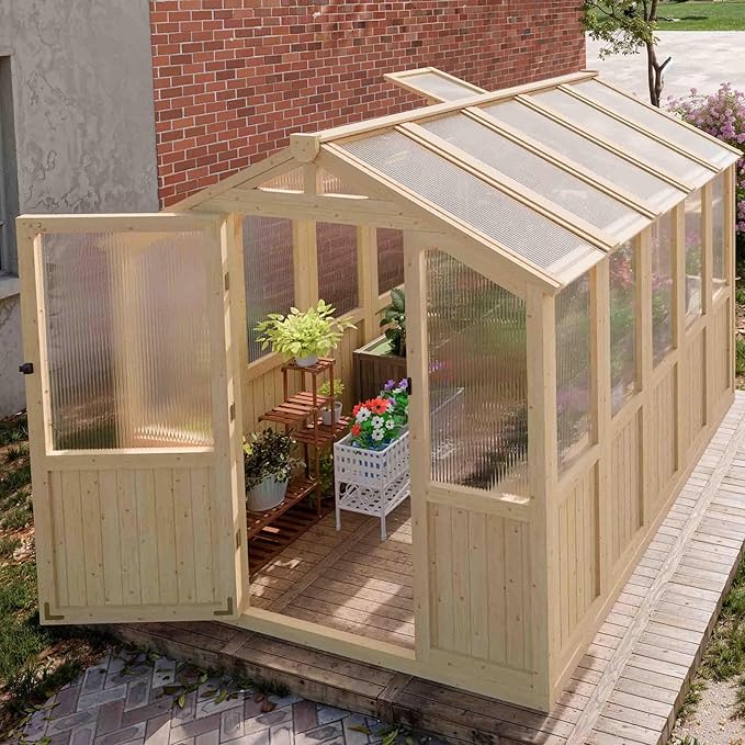 6*8 FT Wood Outdoor Greenhouse Kit, Greenhouses for Outdoors Heavy Duty with Adjustable Roof Vent and Shelves, Walk in Polycarbonate Greenhouse for Outside Garden & Backyard, Light Honey