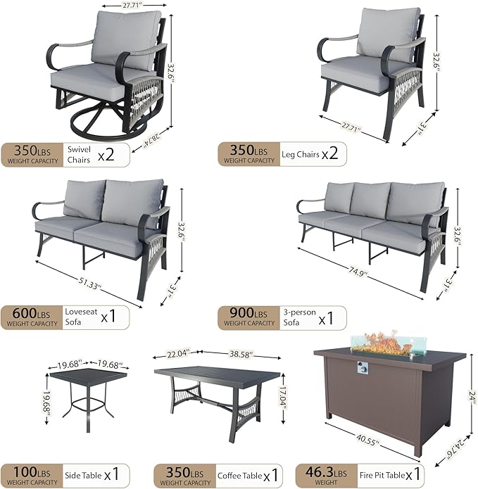 9 Pieces Patio Conversation Sets, All Weather Metal Outdoor Furniture Set, 3-Seater, 2 Swivel Rockers, 2 Single Chairs, 1 Loveseat, 1 Side Tables, 1 Coffee Table, 1 Fire Pit Table for Backyard, Gray