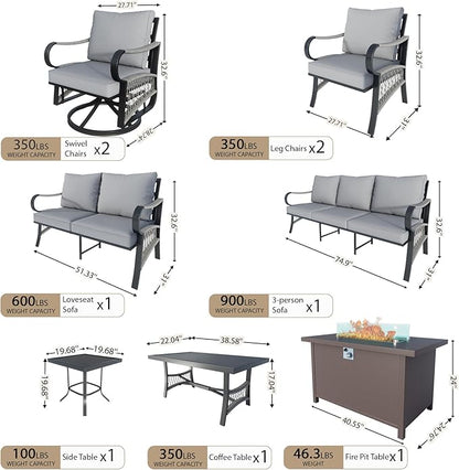 9 Pieces Patio Conversation Sets, All Weather Metal Outdoor Furniture Set, 3-Seater, 2 Swivel Rockers, 2 Single Chairs, 1 Loveseat, 1 Side Tables, 1 Coffee Table, 1 Fire Pit Table for Backyard, Gray