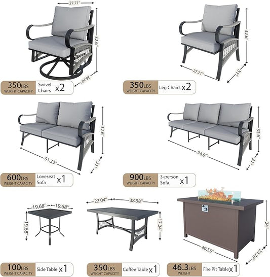 9 Pieces Patio Conversation Sets, All Weather Metal Outdoor Furniture Set, 3-Seater, 2 Swivel Rockers, 2 Single Chairs, 1 Loveseat, 1 Side Tables, 1 Coffee Table, 1 Fire Pit Table for Backyard, Gray