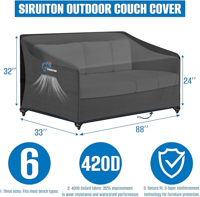 SIRUITON 3-Seat 88" W x 33" D x 32" H Garden Patio Sofa/Loveseat/Bench Cover, Heavy Duty 420D Oxford Waterproof Outdoor Sofa Cover, Lawn Patio Furniture Covers