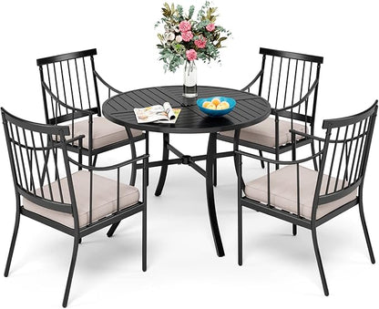 Sophia & William 5 Pieces Patio Dining Set with 4 Metal Armchairs and Round Dining Table, Outdoor Conversation Armchairs Furniture with Seat Cushions and 1.57" Umbrella Hole for Porch Backyard Balcony