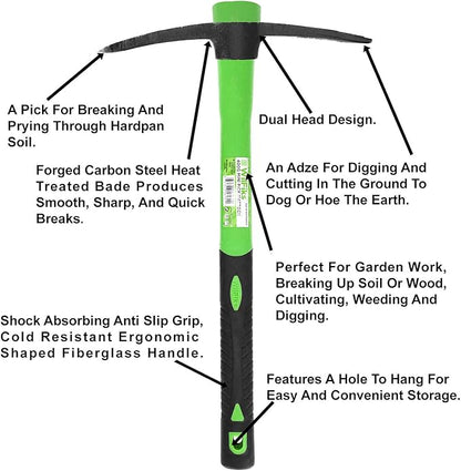 WilFiks Pick Mattock, 15" Heavy Duty Pick Axe Hand Tool with Forged Heat Treated Carbon Steel, Adze Hoe for Weeding, Prying and Digging Anti-Slip Grip, Fiberglass Ergonomic Shock Reduction Handle