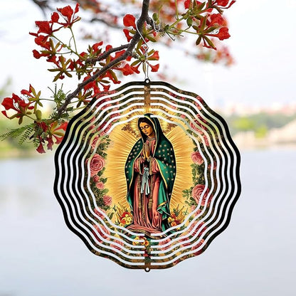 Virgin Mary Prayer Wind Spinner, Metal Wind Spinners Outdoor Indoor, Virgin Mary Rose Hanging Garden Decor for Outside, Stainless Wind Spinners for Yard and Garden 10 inch 3D (25.76X25 CM)