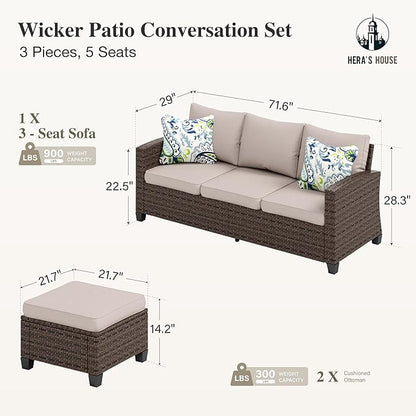 Small Patio Furniture Set, 3 Pieces Wicker Outdoor Sectional Set, L-Shaped Patio Couch Set, Modular Rattan Conversation Set with Lounge Sofa and Ottomans for Deck Lawn Garden, Beige