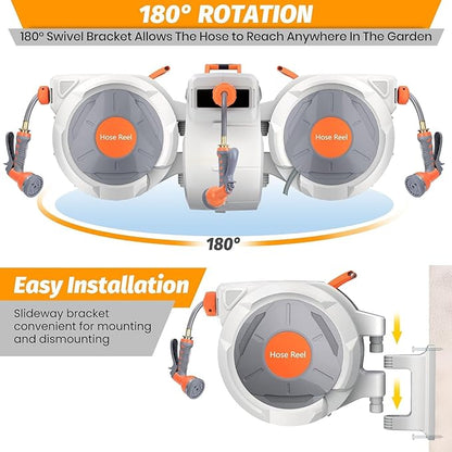Retractable Garden Hose Reel, EliteEdge 1/2 In x 130 Ft With 9 Function Sprayer Nozzle, Any Length Lock, Automatic Rewind and Slow Return System, Wall Mounted and 180 Deg Swivel Bracket