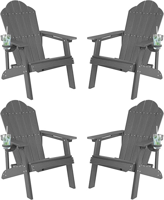 LUE BONA HDPE Adirondack Chairs Set of 2,Plastic Adirondack Chairs with Cup Holder Weather Resistant for Outdoor, Patio, Lawn, Garden, Backyard Deck, Fire Pit, Dark Gray