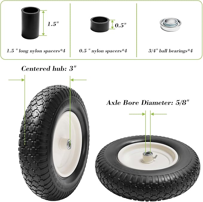 Parts Camp 4.80/4.00-8" Flat Free Wheelbarrow Tire and Wheel - 16" Universal Fit for Garden Wagon, Cart, Trolley, Dolly - 5/8" & 3/4" Bearings, 3" Centered Hub (2 Pack)