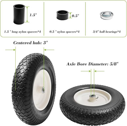 Parts Camp 4.80/4.00-8" Flat Free Wheelbarrow Tire and Wheel - 16" Universal Fit for Garden Wagon, Cart, Trolley, Dolly - 5/8" & 3/4" Bearings, 3" Centered Hub (2 Pack)