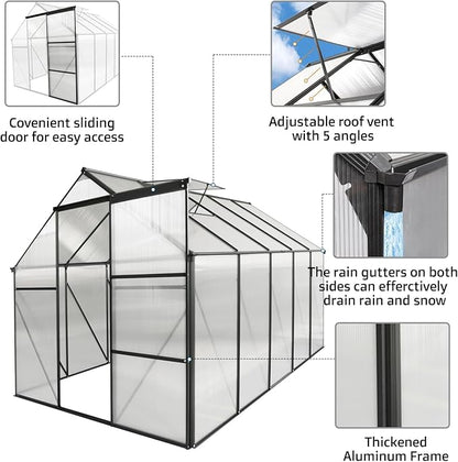 6x10 FT Polycarbonate Greenhouse,Heavy Duty Walk-in Garden Plants Green House,Adjustable Roof,Raised Base and Sliding Door for Outdoor Backyard,Easy to Install,Black