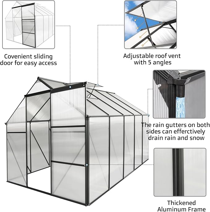 6x10 FT Polycarbonate Greenhouse with Sliding Door and Adjustable Roof, Heavy Duty Aluminum Walk-in Greenhouses w/ Raised Base for Outdoor Garden Backyard,Black