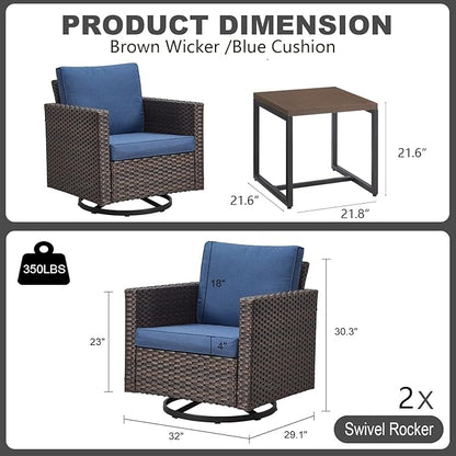 Outdoor Swivel Rocker Patio Chairs ： Swivel Patio Chairs Set of 3 Patio Swivel Chairs Patio Swivel Rocker Chair with Wide Wicker Armrests, Brown / Blue