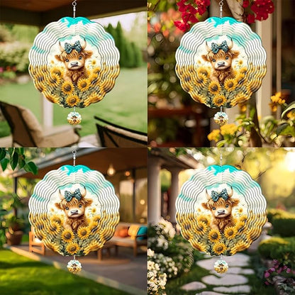 Highland Cow Hanging Wind Spinners for Women Men, 12 Inch Metal 3D, Stainless Steel Hanging Wind Catchers Sculpture for Outside, Christmas Decoration Garden, Unique Gift Xmas