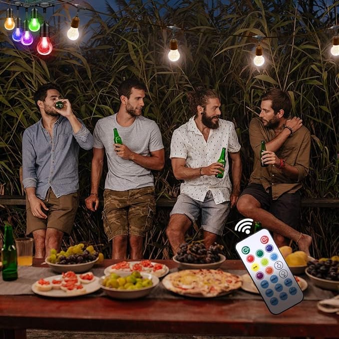 Auroraworld 105FT RGB Outdoor String Lights, Dimmable Color Changing Waterproof LED Patio Lights with Remote, 32 Shatterproof Bulbs for Backyard Garden Party Decor