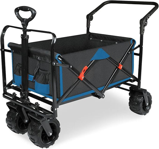 Taifa Foldable Collapsible Wagon Cart with Extra Push Pull Handle, Heavy Duty Portable Folding Beach Utility Grocery Wagon Cart with Big Wheels and Brakes for Sand, Camping, Shopping, Black and Blue