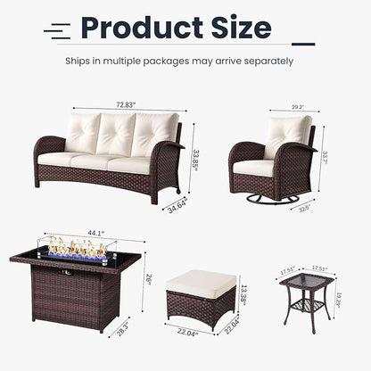 10 Pieces Patio Furniture Sets with Fire Pit Table, Wicker Rattan High Back Outdoor Swivel Rocking Chairs Set with 3-Seat Couch, Ottomans and Side Table