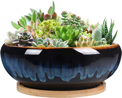 SQOWL 7 Inch Round Ceramic Succulent Planter Pot Drip Glazed Shallow Planter with Drainage Bamboo Tray for Indoor Plants