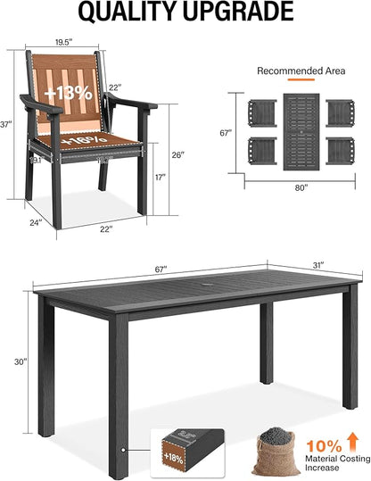 YEFU HIPS Patio Table Set: 5 Piece Outdoor Table and Chairs Dining Furniture Set with Umbrella Hole - Gray Modern Plastic Dining Sets 4 Person for Outside Deck with Metal Aluminum Frame